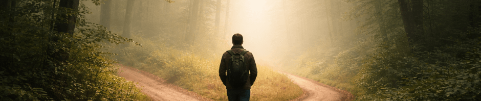 A person walking along a quiet forest path that splits in two, symbolizing listening for God’s guidance and direction in uncertain moments