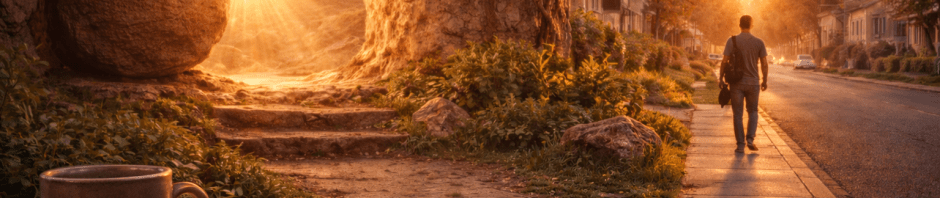 Empty tomb in the background with a Bible and coffee in the foreground symbolizing living out the resurrection in everyday life