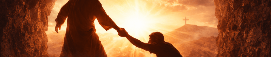 Jesus raising a man from darkness into light at the empty tomb symbolizing resurrection and new life in Christ