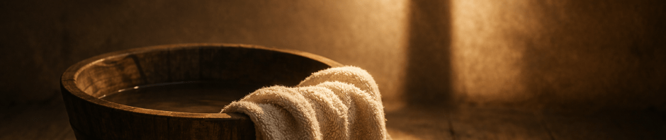Wooden basin and towel casting a cross shadow symbolizing Jesus’ sacrifice and humility during Holy Week.