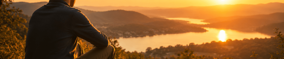 Person peacefully enjoying time with God at sunrise overlooking a lake with an open Bible and coffee nearby