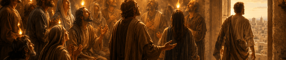 Followers of Jesus gathered in an upper room during Pentecost as the Holy Spirit descends in power with tongues of fire