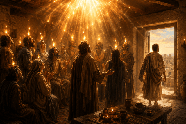 Followers of Jesus gathered in an upper room during Pentecost as the Holy Spirit descends in power with tongues of fire