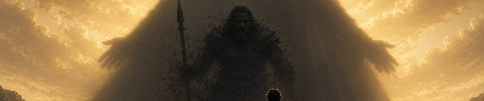 David facing a giant that is fading into the shadow of a much larger figure, symbolizing overcoming fear and anxiety through faith in God