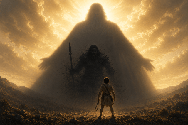 David facing a giant that is fading into the shadow of a much larger figure, symbolizing overcoming fear and anxiety through faith in God
