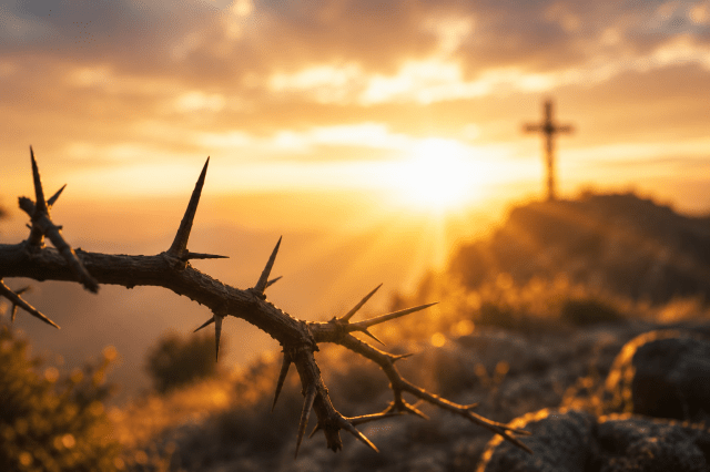 Thorn-covered branch in the foreground with a cross in the distance at sunrise symbolizing Paul’s thorn in the flesh and God’s sufficient grace