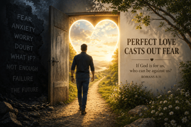 A man walks through a heart-shaped doorway from darkness and fear into light, symbolizing God's perfect love overcoming anxiety and fear.