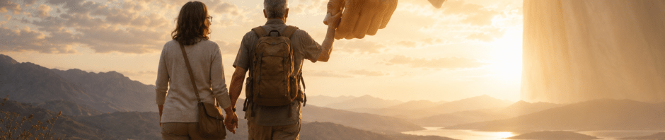Retired couple walking into a new season of life while holding hands, with a symbolic representation of God's guiding hand leading the journey