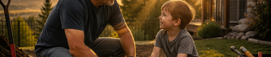 A grandfather and his young grandson work together on a backyard drainage project, illustrating the unexpected blessings God can reveal in the midst of life's challenges.