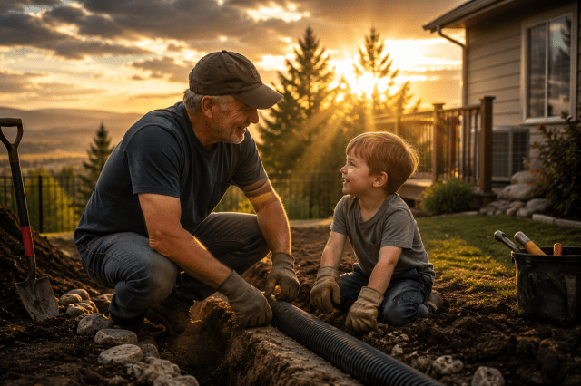 A grandfather and his young grandson work together on a backyard drainage project, illustrating the unexpected blessings God can reveal in the midst of life's challenges.