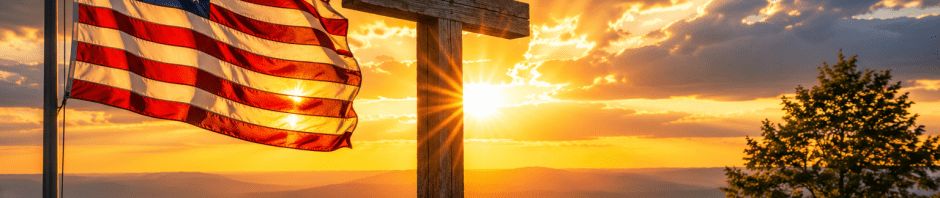 A weathered wooden cross and an American flag at sunrise symbolize the sacrifices that secured both spiritual and earthly freedom.