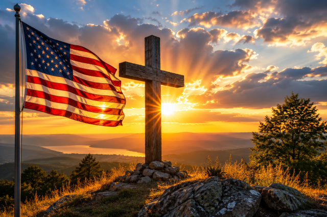 A weathered wooden cross and an American flag at sunrise symbolize the sacrifices that secured both spiritual and earthly freedom.
