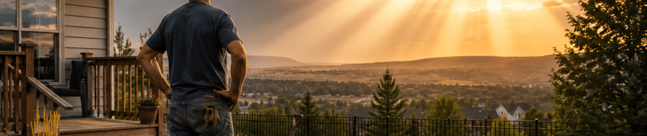 A homeowner stands beside an unfinished drainage project as sunlight breaks through storm clouds, symbolizing God's goodness during life's challenges.