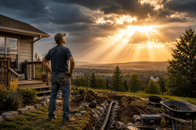 A homeowner stands beside an unfinished drainage project as sunlight breaks through storm clouds, symbolizing God's goodness during life's challenges.