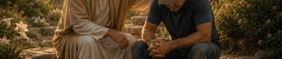 Jesus sits beside a weary man in a peaceful garden, offering comfort and patient encouragement as the evening sun shines through the trees.