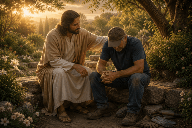 Jesus sits beside a weary man in a peaceful garden, offering comfort and patient encouragement as the evening sun shines through the trees.