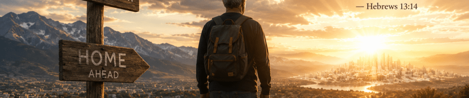 A man walks away from Yesterday toward Home Ahead as sunlight illuminates a distant city, illustrating the Christian journey toward our eternal home.