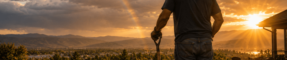 A homeowner leans on a shovel after completing backyard projects as sunlight breaks through storm clouds and a rainbow stretches across the Wyoming sky, symbolizing hope after seasons of perseverance.