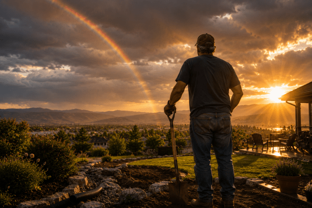 A homeowner leans on a shovel after completing backyard projects as sunlight breaks through storm clouds and a rainbow stretches across the Wyoming sky, symbolizing hope after seasons of perseverance.