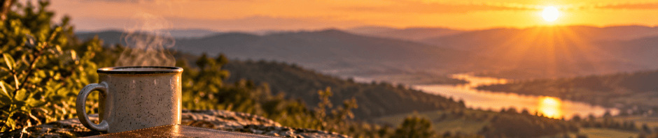 A Bible and steaming cup of coffee overlooking a sunlit mountain valley at sunrise