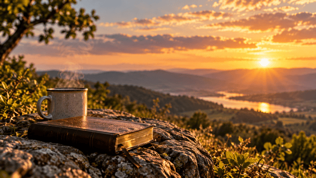 A Bible and steaming cup of coffee overlooking a sunlit mountain valley at sunrise