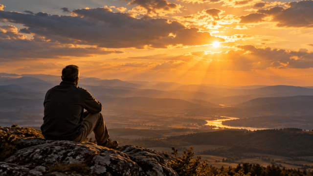 A man overlooking a vast mountain landscape as sunlight breaks through the clouds
