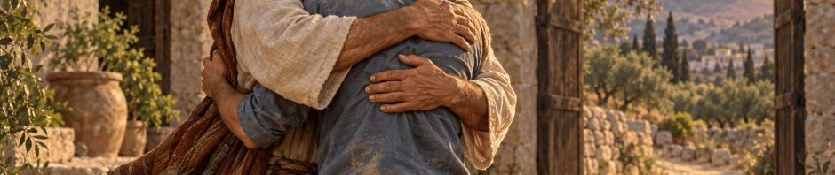 A father in biblical robes tenderly embraces his returning son, who wears modern clothes, beside an open courtyard gate.