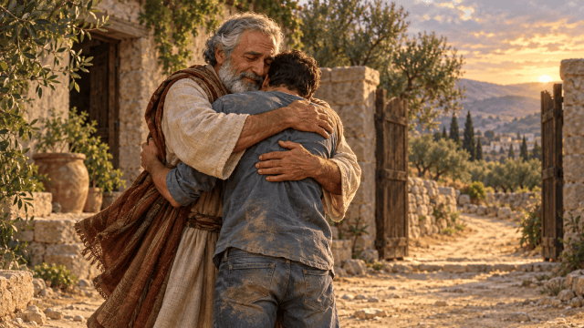 A father in biblical robes tenderly embraces his returning son, who wears modern clothes, beside an open courtyard gate.