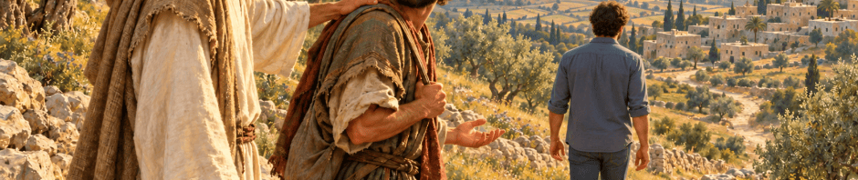 Jesus reassures a questioning disciple while a man in modern clothes walks forward along a sunlit path.