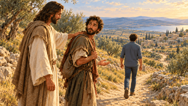 Jesus reassures a questioning disciple while a man in modern clothes walks forward along a sunlit path.